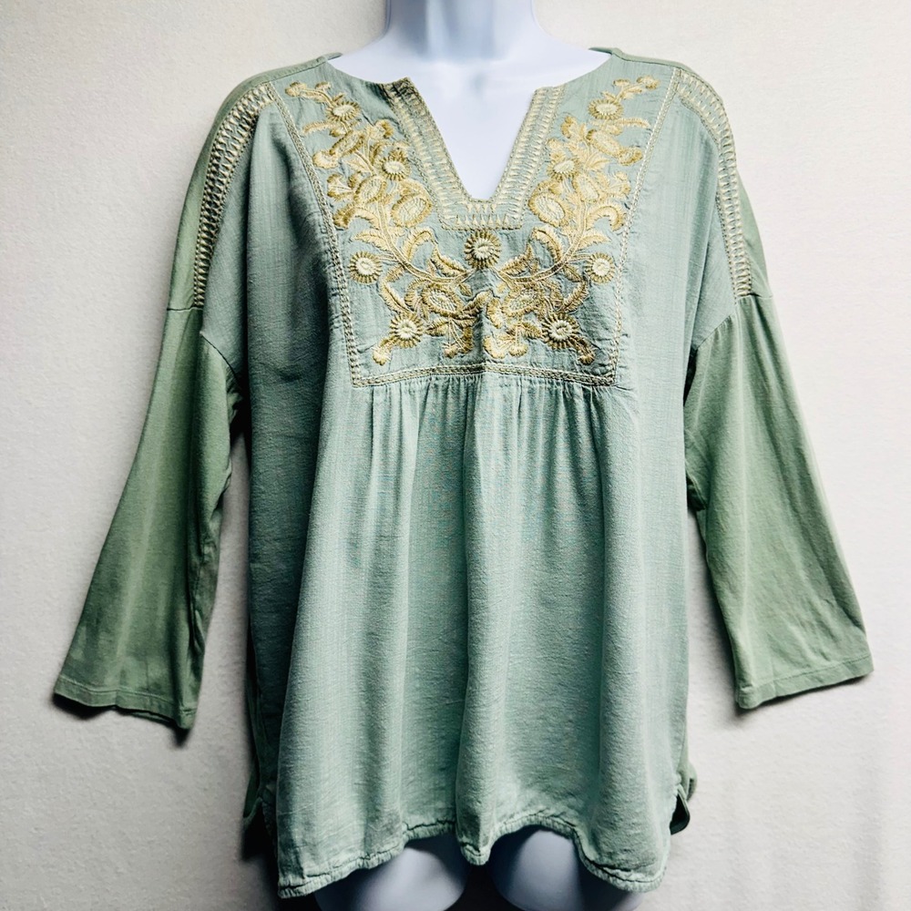 J. Jill Embroidered Tunic Women Size M Sage Green 3/4 Sleeve V-Neck Boho Top